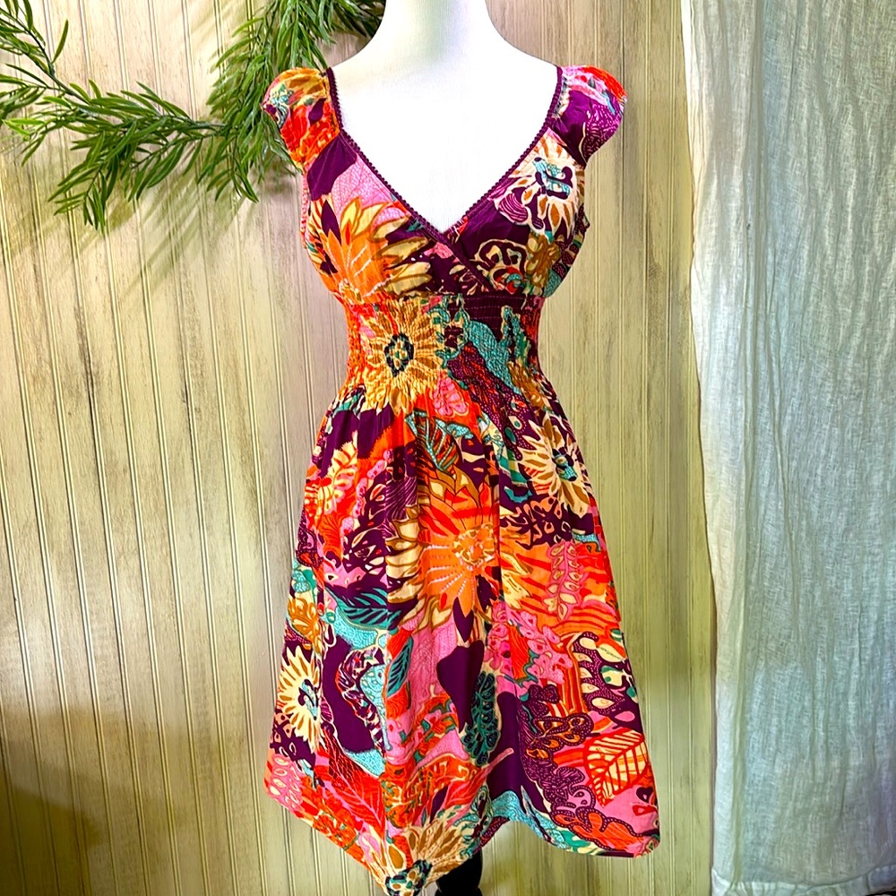 Speed Control Bright Bohemian Floral Smocked Waist Cotton Dress, Medium, VGUC